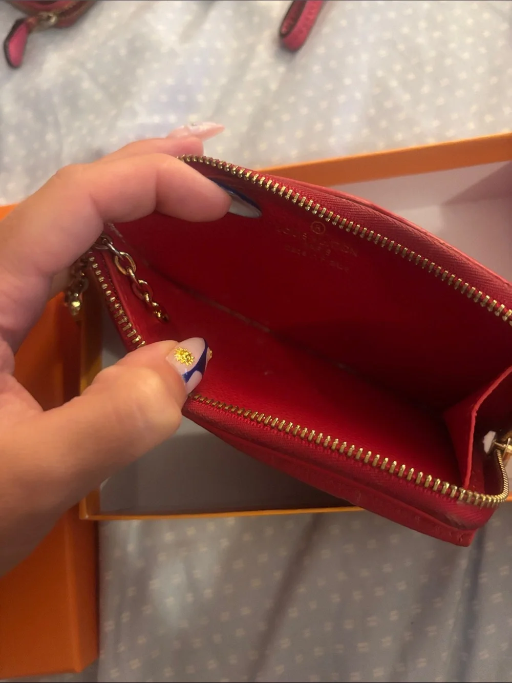Red Embossed Leather Key Pouch with Gold Hardware